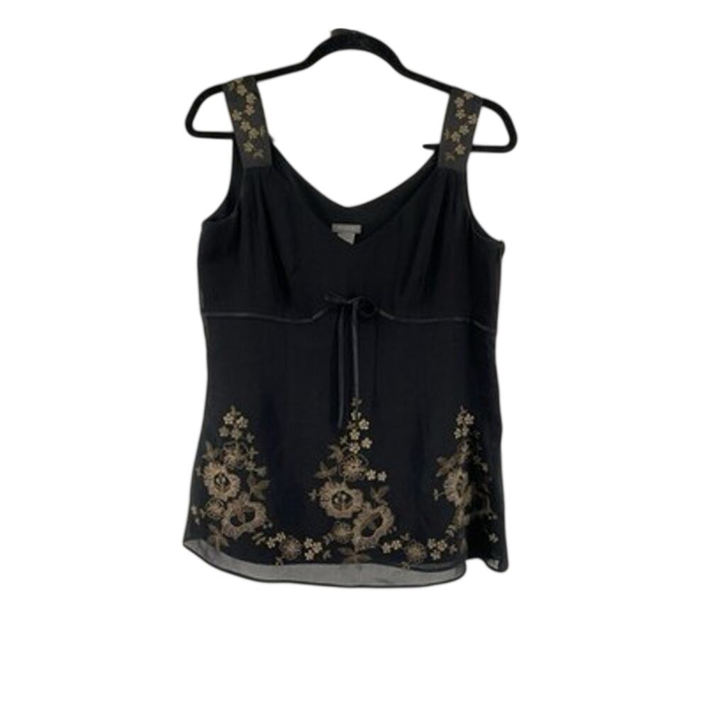 Ann Taylor Black Floral Embroidered Empire Waist Tank Top Blouse 10 Y2K